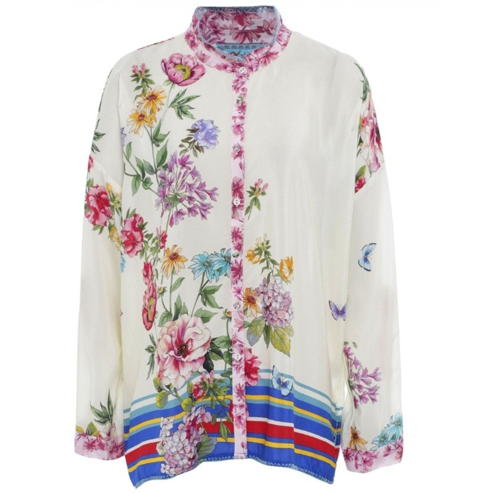 Johnny Was Wilton Silk Button Down Blouse Floral Top Cream Size XL